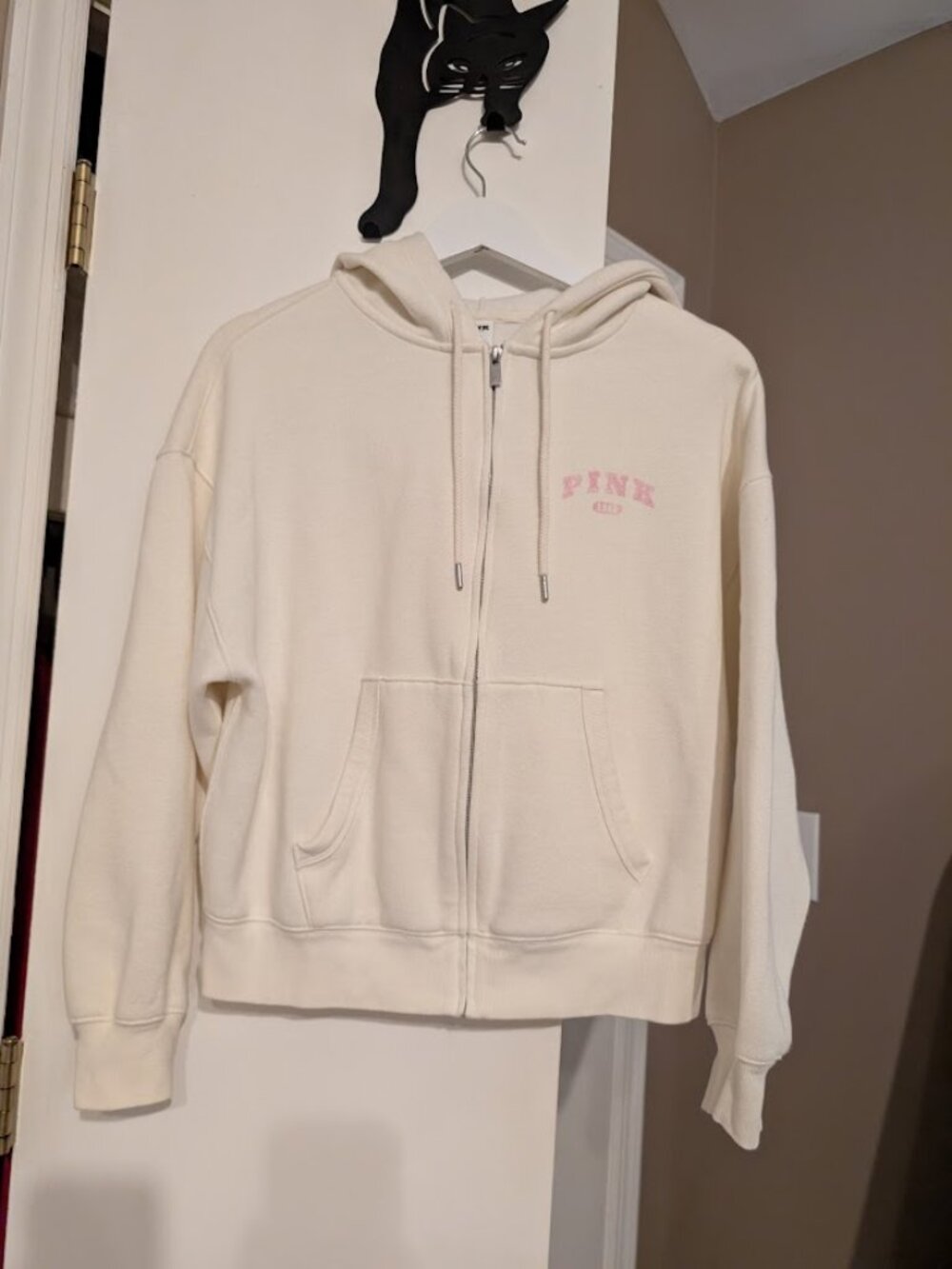 Victoria's Secret PINK Ivy Fleece Campus Full-Zip Hoodie Winter White S EUC